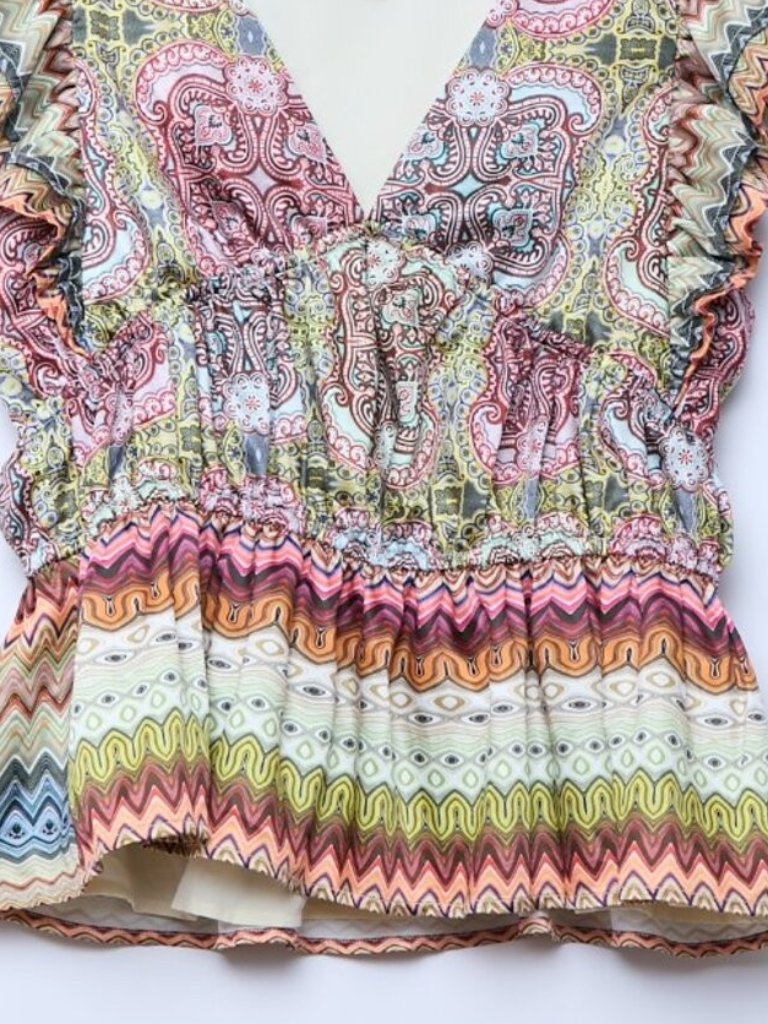 Ciebon Peplum Top Multicolor Blouse Satin Finish Ruffle Cap Sleeves Nwt